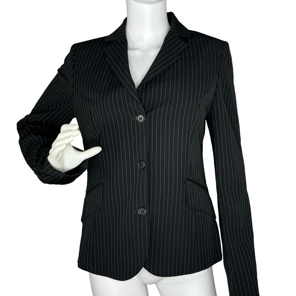 Benetton Size US 6 Black White Pinstripe Blazer Italy Stretch
